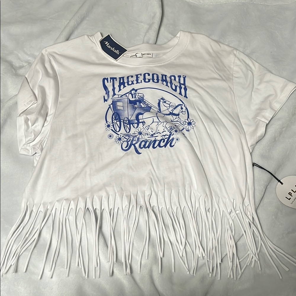 White Fringe Short Sleeve Tee with Graphic Print